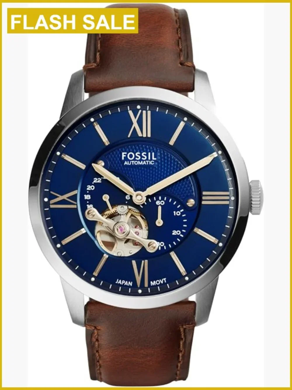 Men's Automatic Skeleton Watch 44mm Leather Strap Self-Winding
